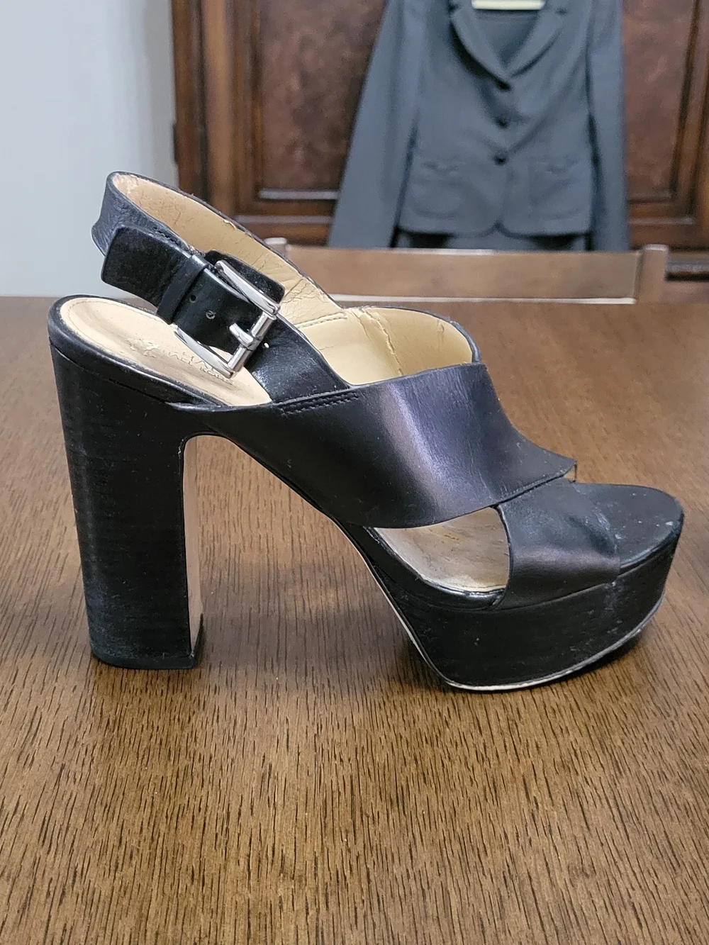 Michael Kors Black Leather Platform Peep-Toe Slingback Heels